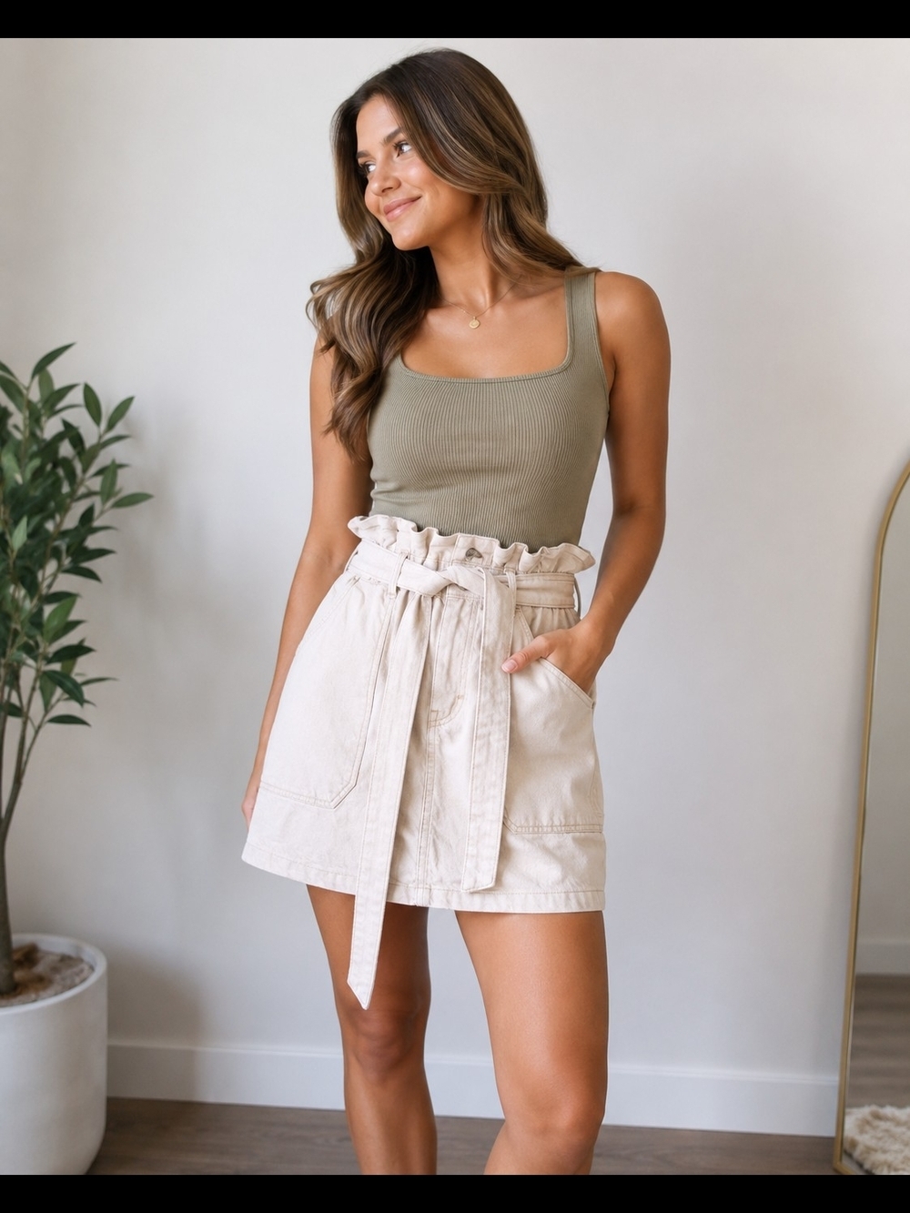 Free People Paperbag Tie-Waist Mini Skirt in Cream